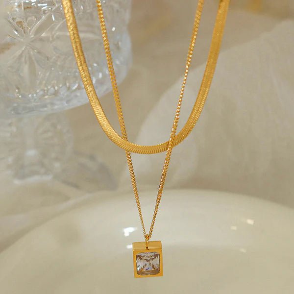 Gold - Plated Anti Tarnish White Emerald Geometric Layered Necklace - Aurvi