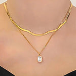 Gold - Plated Anti Tarnish White Emerald Geometric Layered Necklace - Aurvi