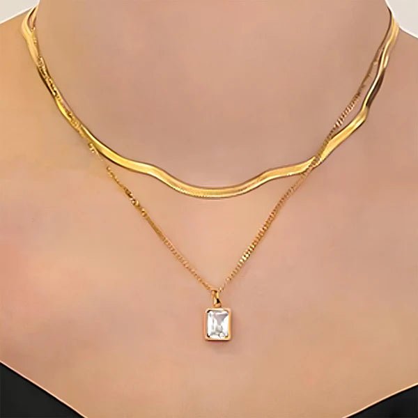 Gold - Plated Anti Tarnish White Emerald Geometric Layered Necklace - Aurvi