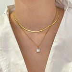 Gold - Plated Anti Tarnish White Emerald Geometric Layered Necklace - Aurvi
