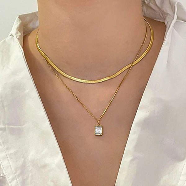 Gold - Plated Anti Tarnish White Emerald Geometric Layered Necklace - Aurvi
