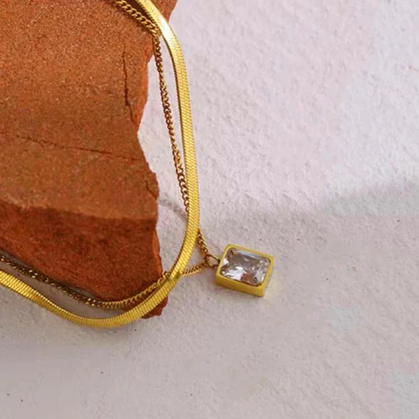 Gold - Plated Anti Tarnish White Emerald Geometric Layered Necklace - Aurvi