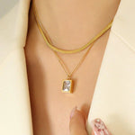 Gold - Plated Anti Tarnish White Emerald Geometric Layered Necklace - Aurvi
