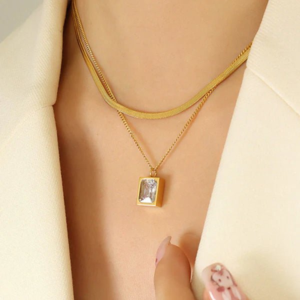 Gold - Plated Anti Tarnish White Emerald Geometric Layered Necklace - Aurvi