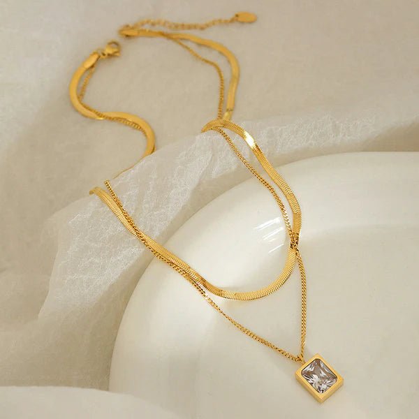 Gold - Plated Anti Tarnish White Emerald Geometric Layered Necklace - Aurvi