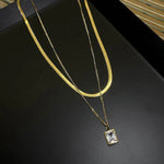 Gold - Plated Anti Tarnish White Emerald Geometric Layered Necklace - Aurvi