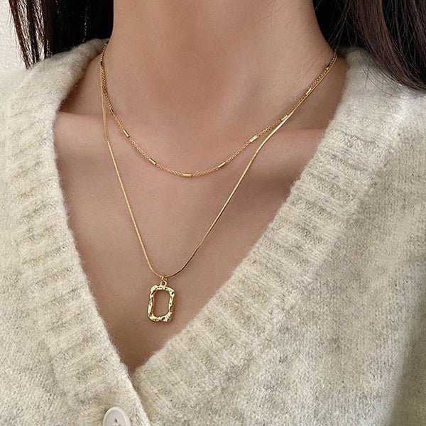 Gold Plated Stainless Steel Anti Tarnish Dual Strand Geometric Necklace For Women - Aurvi