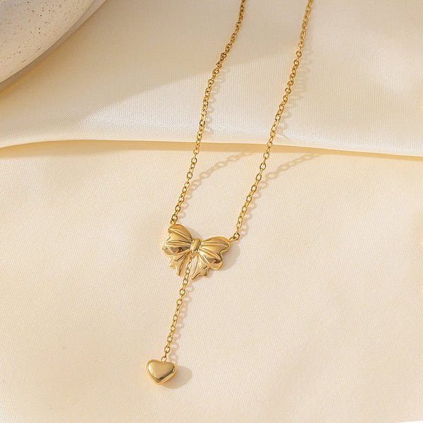Gold Plated Stainless Steel Anti Tarnish Heart Themed Bow inspired Pendant Necklace - Aurvi
