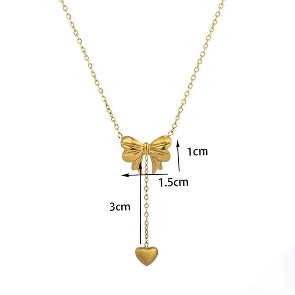 Gold Plated Stainless Steel Anti Tarnish Heart Themed Bow inspired Pendant Necklace - Aurvi