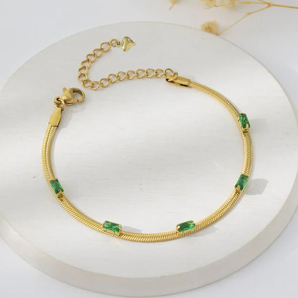 Gold Plated Stainless Steel Anti Tarnish Snake Chain Green Emerald Studded Wraparound Bracelet - Aurvi