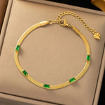 Gold Plated Stainless Steel Anti Tarnish Snake Chain Green Emerald Studded Wraparound Bracelet - Aurvi