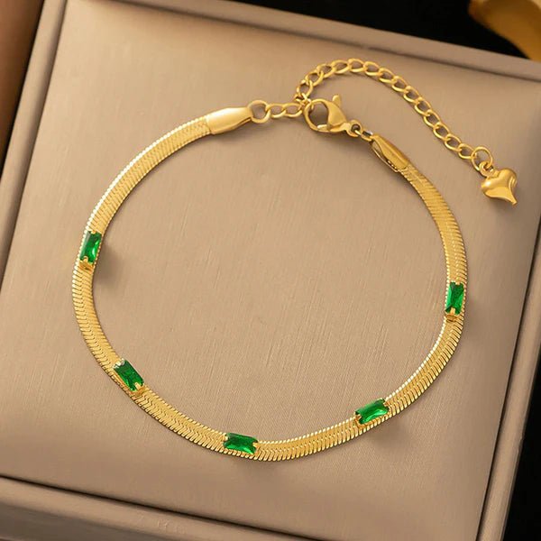Gold Plated Stainless Steel Anti Tarnish Snake Chain Green Emerald Studded Wraparound Bracelet - Aurvi