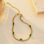 Gold Plated Stainless Steel Anti Tarnish Snake Chain Green Emerald Studded Wraparound Bracelet - Aurvi
