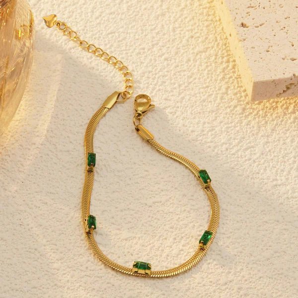 Gold Plated Stainless Steel Anti Tarnish Snake Chain Green Emerald Studded Wraparound Bracelet - Aurvi