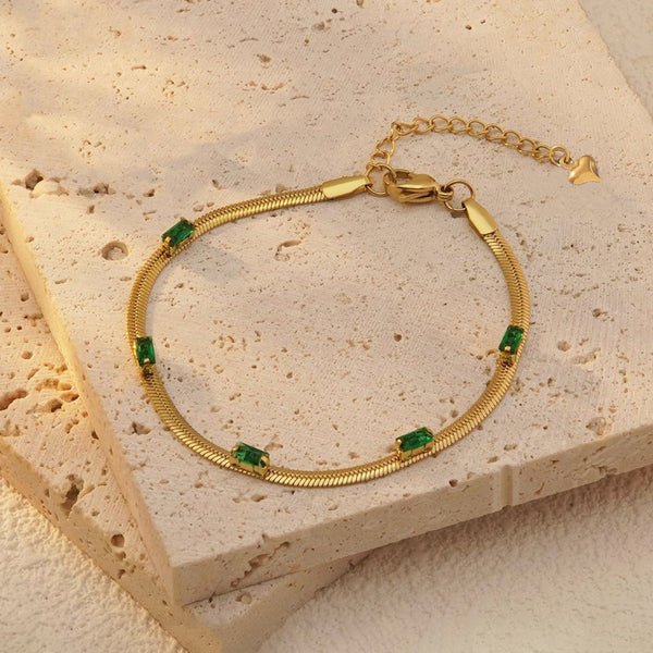Gold Plated Stainless Steel Anti Tarnish Snake Chain Green Emerald Studded Wraparound Bracelet - Aurvi