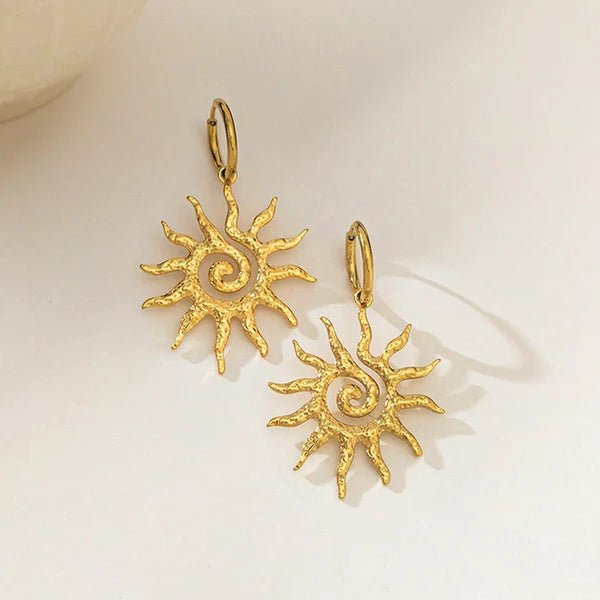 Gold Plated Stainless Steel Anti Tarnish Spiral Sun Shaped Stud Earrings - Aurvi