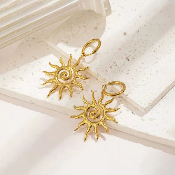 Gold Plated Stainless Steel Anti Tarnish Spiral Sun Shaped Stud Earrings - Aurvi