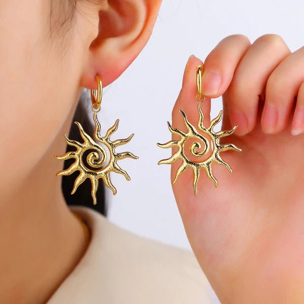 Gold Plated Stainless Steel Anti Tarnish Spiral Sun Shaped Stud Earrings - Aurvi