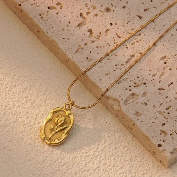 Gold Plated White Anti Tarnish Rose Themed Pendant - Aurvi