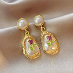 Monet flower oil painting style Baroque pearl earrings - Aurvi