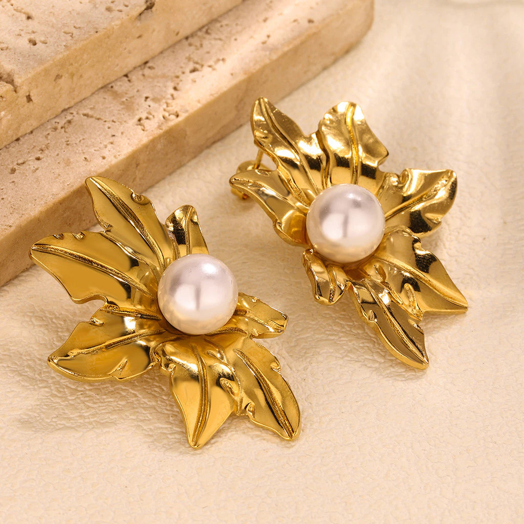 Anti Tarnish Pearl Leaf Earring