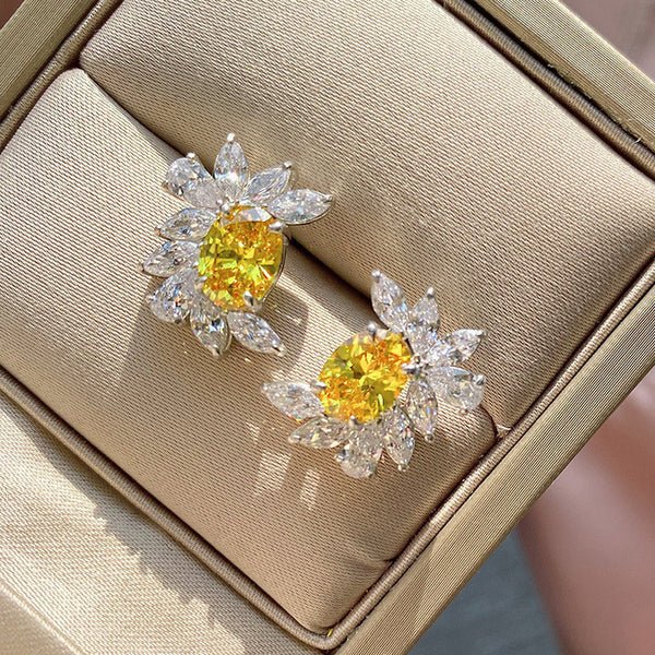 Silver Plated American Diamond Studded Anti Tarnish Yellow Crushed Ice Cut Stud Earrings - Aurvi