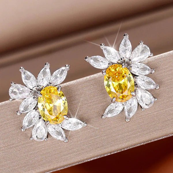 Silver Plated American Diamond Studded Anti Tarnish Yellow Crushed Ice Cut Stud Earrings - Aurvi