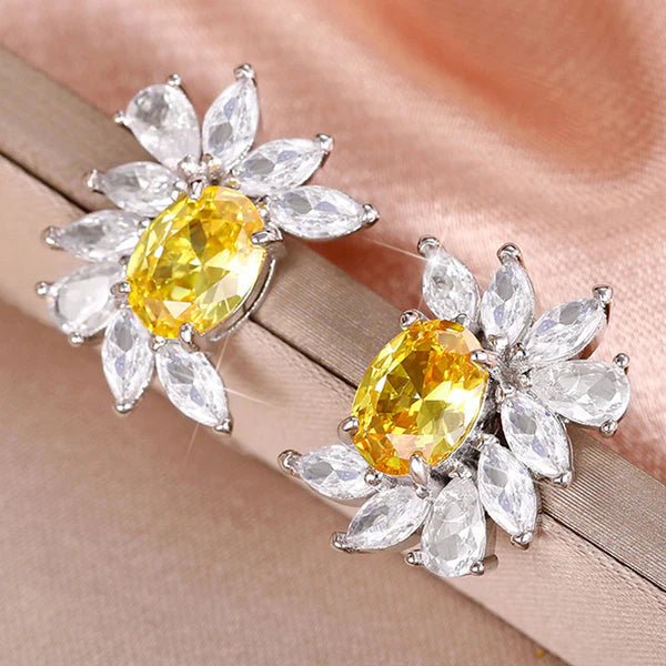 Silver Plated American Diamond Studded Anti Tarnish Yellow Crushed Ice Cut Stud Earrings - Aurvi