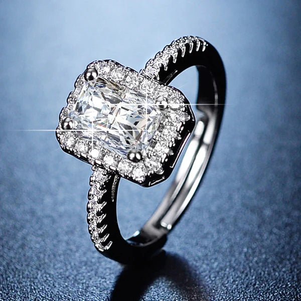 Silver Plated American Diamond Studded Rectangular Anti Tarnish Adjustable Finger Ring - Aurvi