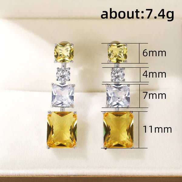 Silver Plated American Diamond Studded Yellow Geometrical Crushed Ice Cut Drop Earrings - Aurvi