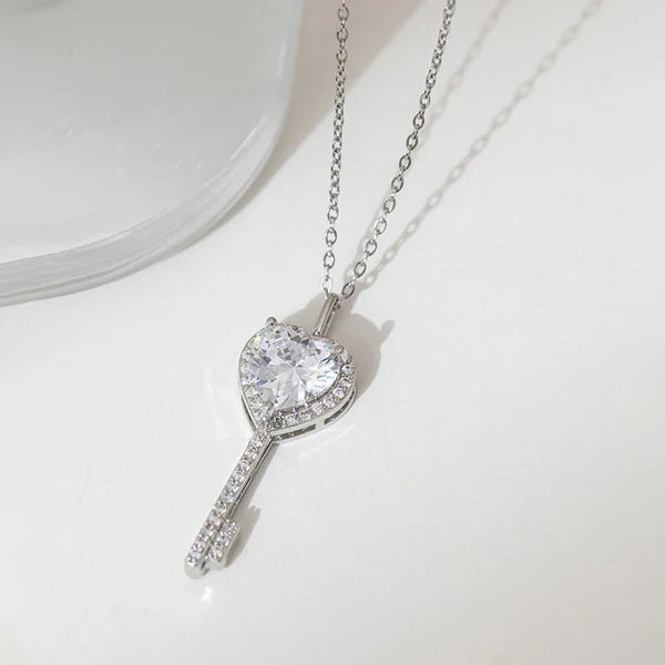 Silver Plated Anti Tarnish American Diamond Studded Heart Key Pendant - Aurvi