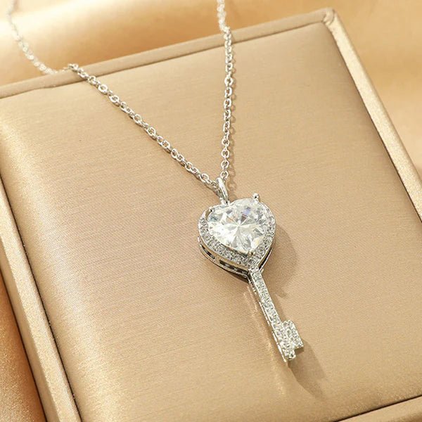 Silver Plated Anti Tarnish American Diamond Studded Heart Key Pendant - Aurvi