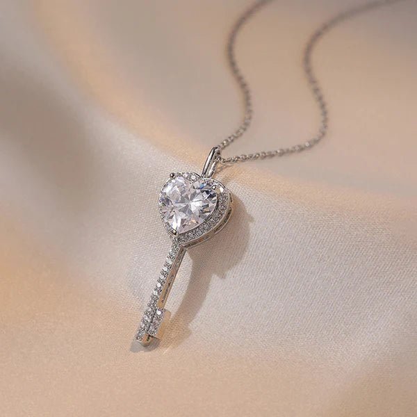 Silver Plated Anti Tarnish American Diamond Studded Heart Key Pendant - Aurvi