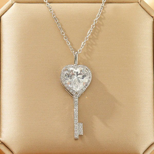 Silver Plated Anti Tarnish American Diamond Studded Heart Key Pendant - Aurvi