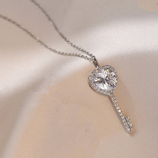 Silver Plated Anti Tarnish American Diamond Studded Heart Key Pendant - Aurvi
