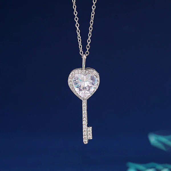 Silver Plated Anti Tarnish American Diamond Studded Heart Key Pendant - Aurvi