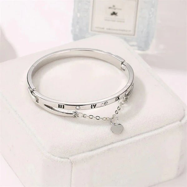 Silver Plated Roman Numbers Engraved Stone Studded Korean Bracelet - Aurvi