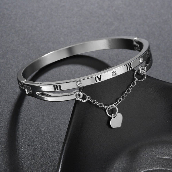 Silver Plated Roman Numbers Engraved Stone Studded Korean Bracelet - Aurvi
