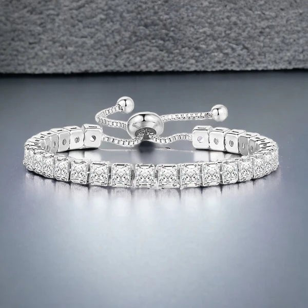 Silver Plated Square Cut Cubic Zirconia White Matrix Anti Tarnish Tennis Bracelet - Aurvi