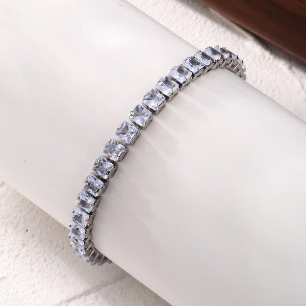 Silver Plated Square Cut Cubic Zirconia White Matrix Anti Tarnish Tennis Bracelet - Aurvi