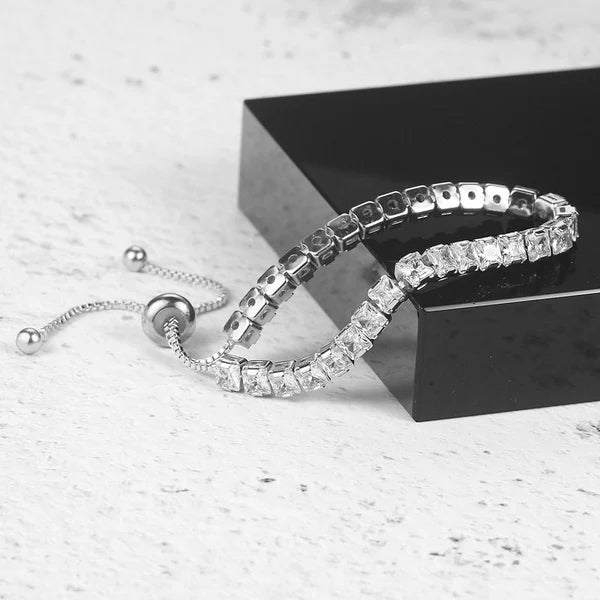 Silver Plated Square Cut Cubic Zirconia White Matrix Anti Tarnish Tennis Bracelet - Aurvi