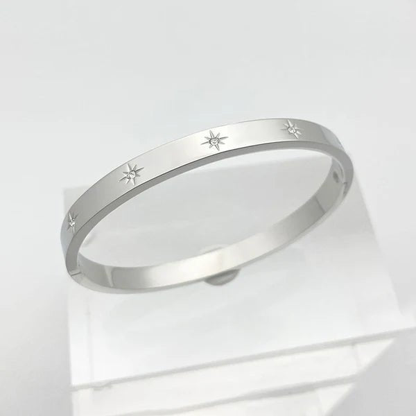 Stainless Steel Silver - Plated Floral American Diamond Studded Bangle - Style Anti - Tarnish Bracelet - Aurvi