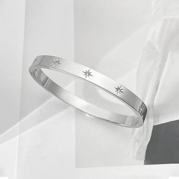 Stainless Steel Silver - Plated Floral American Diamond Studded Bangle - Style Anti - Tarnish Bracelet - Aurvi