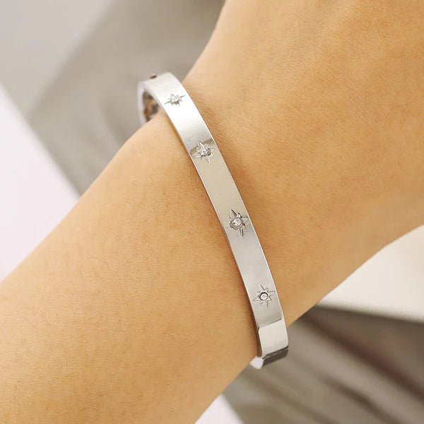 Stainless Steel Silver - Plated Floral American Diamond Studded Bangle - Style Anti - Tarnish Bracelet - Aurvi