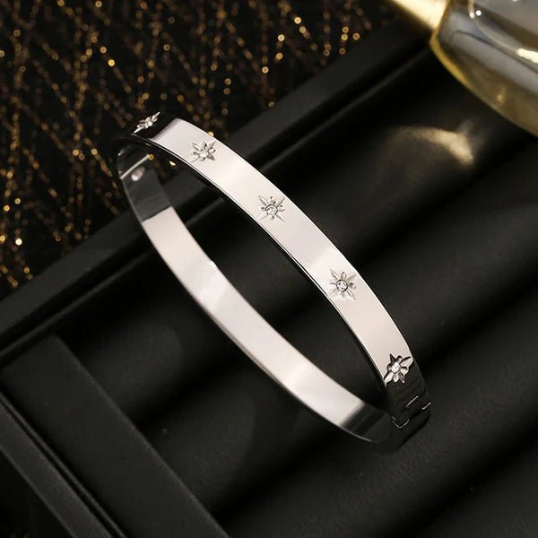Stainless Steel Silver - Plated Floral American Diamond Studded Bangle - Style Anti - Tarnish Bracelet - Aurvi