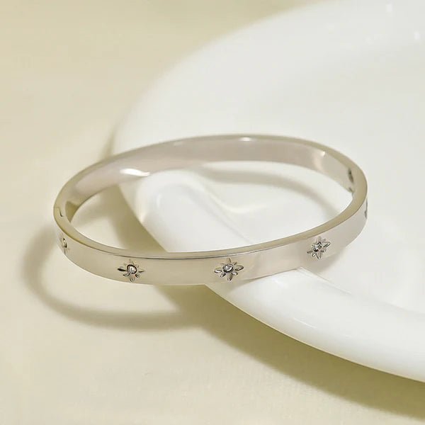 Stainless Steel Silver - Plated Floral American Diamond Studded Bangle - Style Anti - Tarnish Bracelet - Aurvi