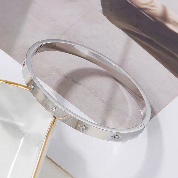 Stainless Steel Silver - Plated Floral American Diamond Studded Bangle - Style Anti - Tarnish Bracelet - Aurvi