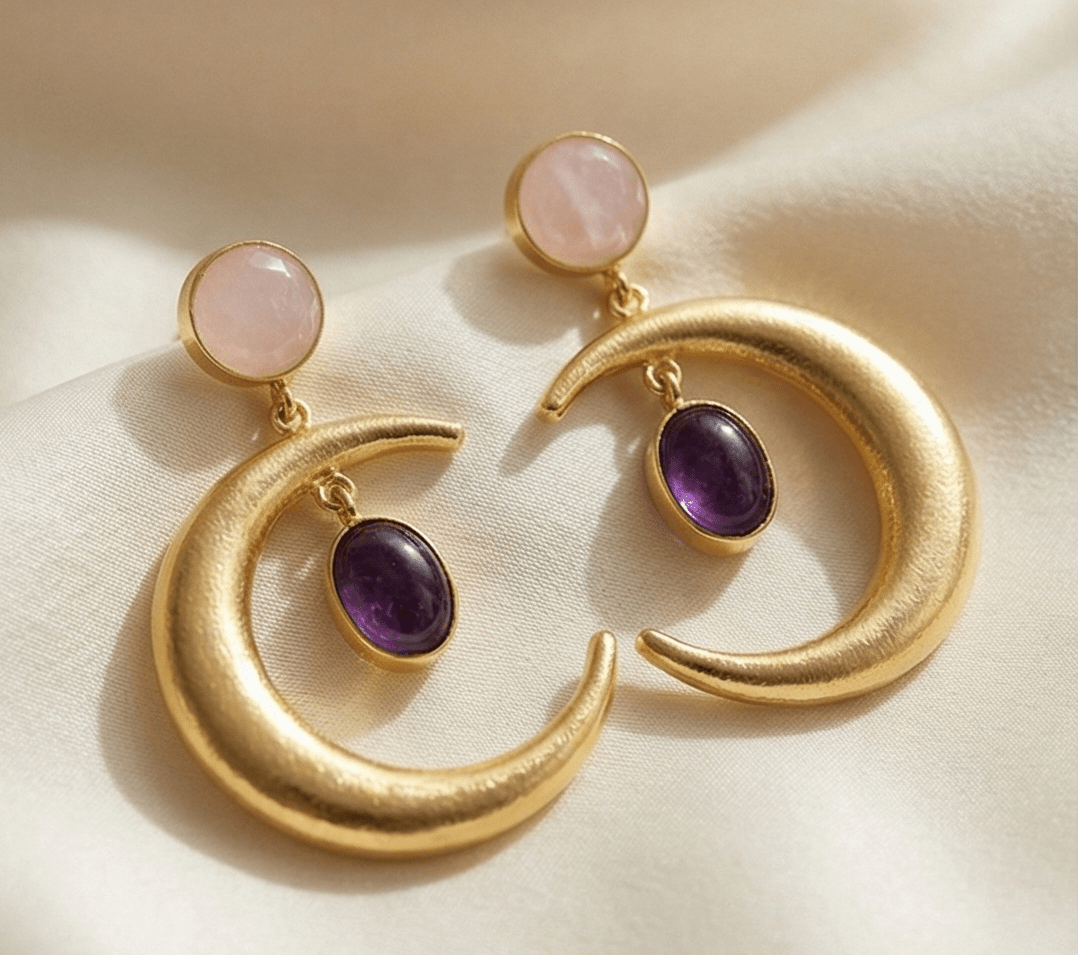 Viona Rose Quartz Moon Danglers - Aurvi