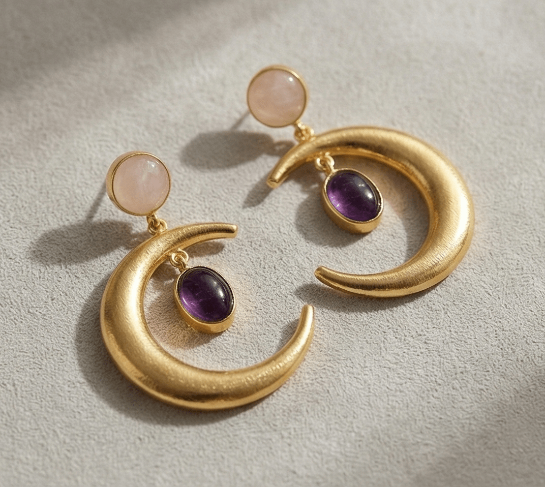 Viona Rose Quartz Moon Danglers - Aurvi